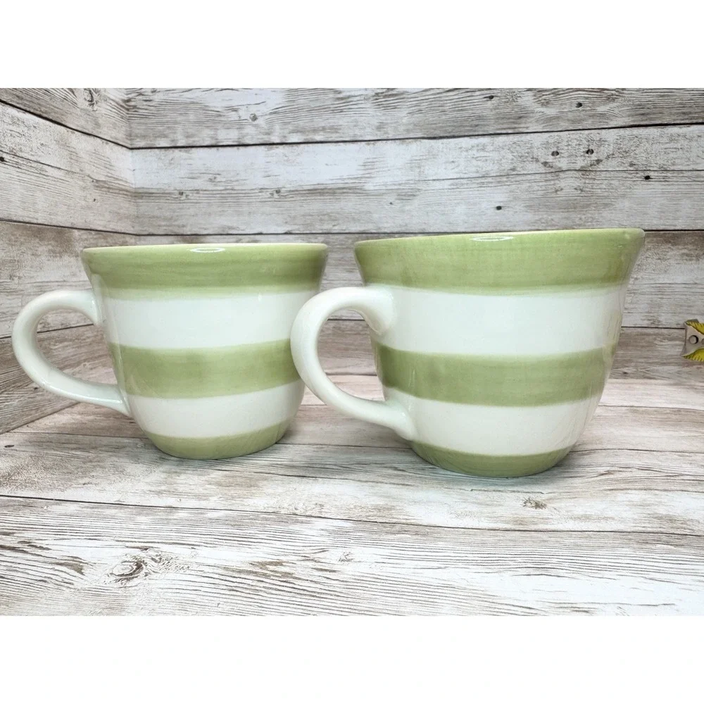 Crate & Barrel White Stripe Sage Green Mugs Set of 2 Barbara Eigen VTG Portugal
